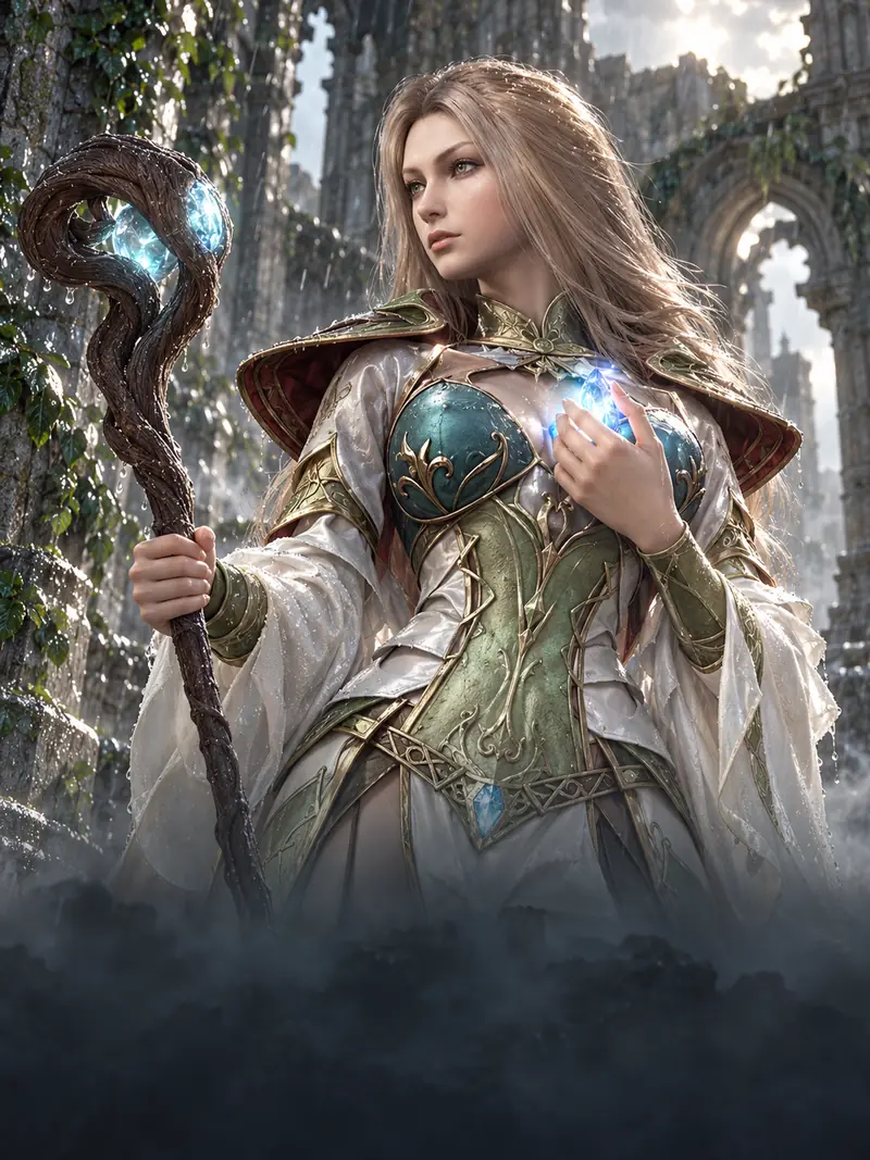 A mage of the Alliance of Light holding a glowing lapis stone